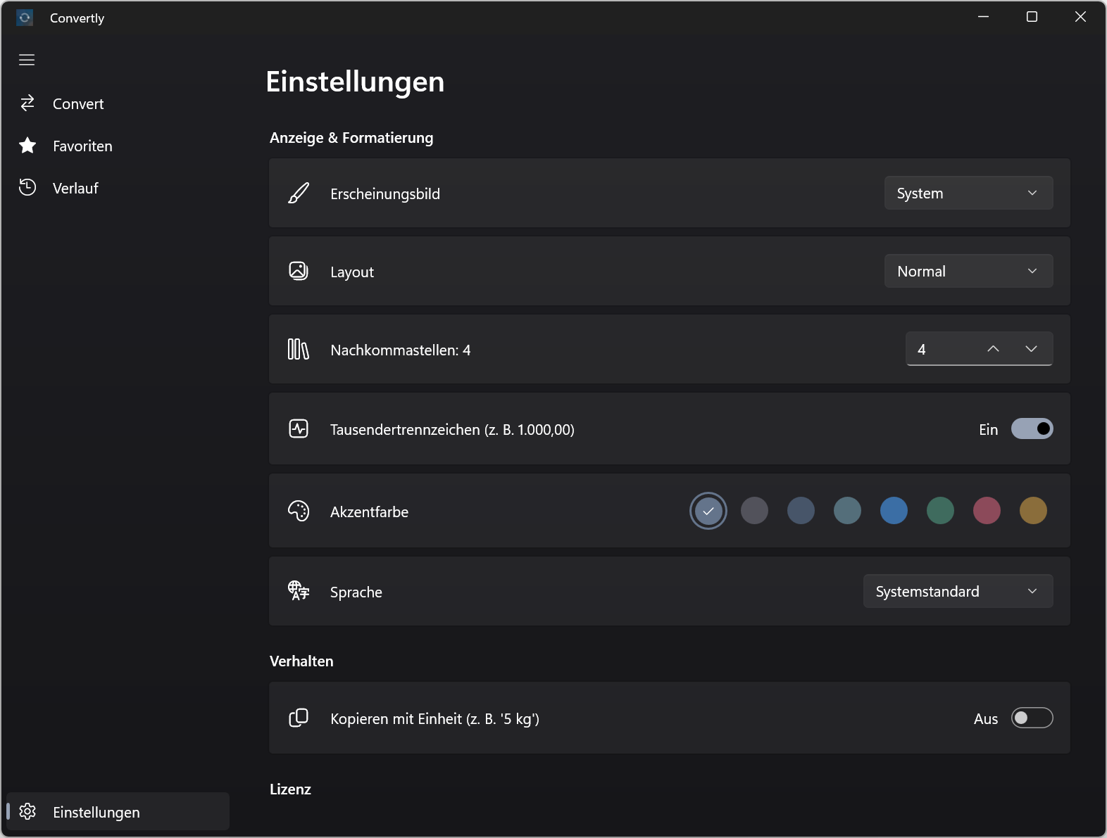 Einstellungen: Theme, Layout, Sprache, Lizenz